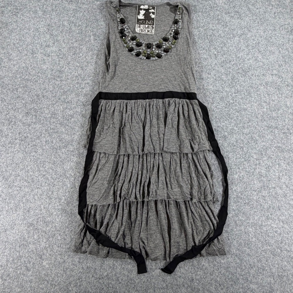 Young Fabulous & Broke Gray Ruffle Tiered Beaded Mini Dress‎ Sleeveless Womens M